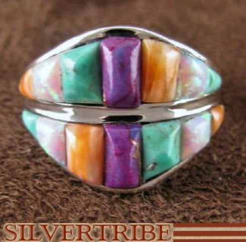 Multicolor Inlay Sterling Silver Ring Size 8-1/4 Jewelry NS36459